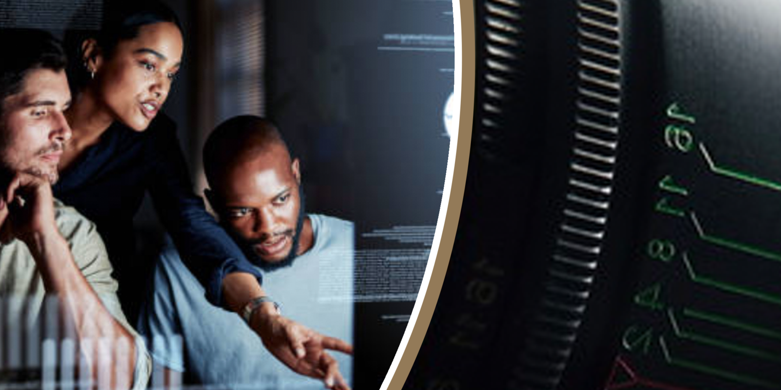 An adjustable camera lens focusing on An African American male, African American Female, and Caucasian male studying a computer screen. Source code overlaps the monitor.