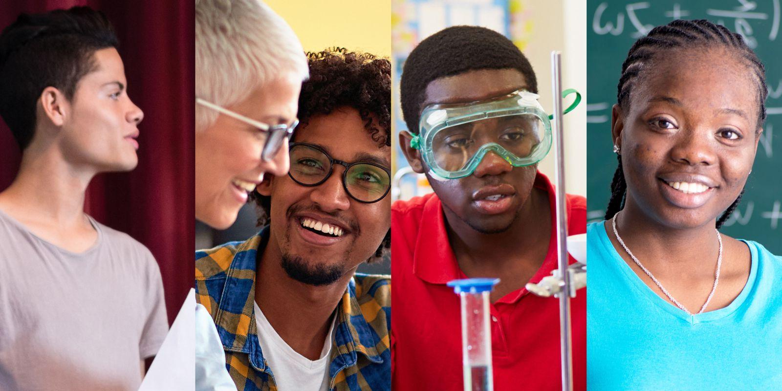 Four images representing Mathematics, Science, English, and the Arts. An African American female smiles and stands in front of a chalkboard with equations written on it wearing a teal v-neck shirt and a silver necklace. An African American male wearing goggles along with a red polo shirt and using science implements represents science. English is represented by a Latino male wearing glasses with a blue and yellow plaid shirt over a white t-shirt smiling at his instructor a Caucasian female with white hair and glasses wearing a white shirt. A Caucasian male wearing ballet clothes standing on a stage and reading a scrip represents the arts.