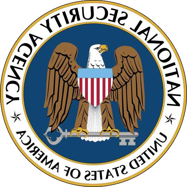 National Security Agency (NSA) seal featuring an eagle behind a shield composed of a blue horizontal bar with red and white vertical stripes and holding a key.