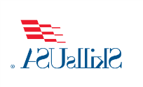 SkillsUSA用蓝色字体，在skills和USA中大写，然后是商标符号. 三个红色的，垂直堆叠，飘带在风中从右到左吹在美国上空.