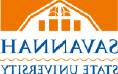 The Savannah State University logo that is a square shape in orange and blue. The logo is a square shape that contains a silhouette of a the roof top of Hill Hall. Within the silhouette are the shape of two windows on one row and four orange squares on the next row.  The words SAVANNAH AND  STATE UNIVERSITY are blue and are separated by an orange wavy horizontal line representing water.